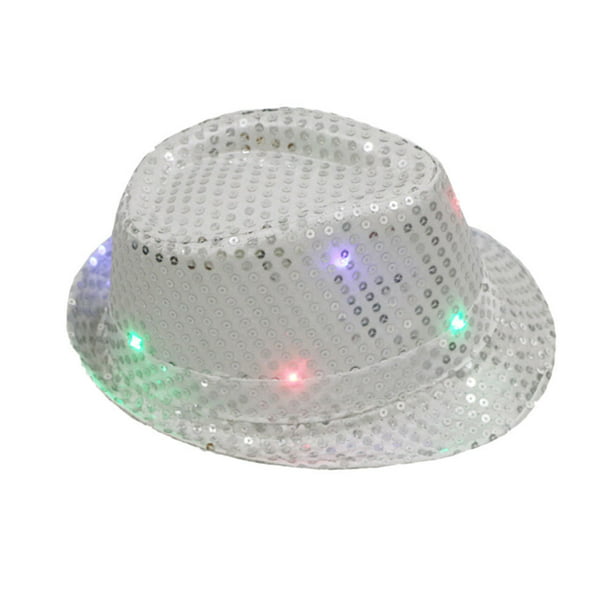 New Flashing Light Up Led Fedora Trilby Sequin Fancy Dress Dance Party Hat 